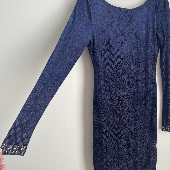 Venus Blue Burnout Velvet Embellished Long Sleeve Dress - Picture 4 of 7